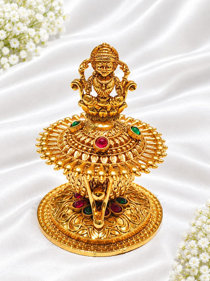 Antique Gold Plated Goddess Lakshmi Kumkum / Sindoor Box with Ruby & Emerald Kemp Stones