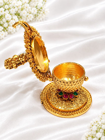 Antique Gold Plated Goddess Lakshmi Kumkum / Sindoor Box with Ruby & Emerald Kemp Stones