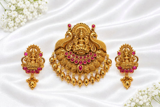 Antique Gold Plated Goddess Lakshmi Temple Pendant Set with Peacock Wings & Pink Ruby Stones