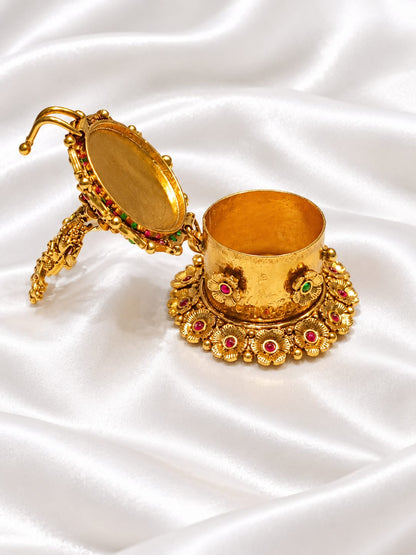 Exquisite Antique Gold Plated Radha Krishna Jhula Kumkum Box / Sindoor Dabba with Kemp Stones