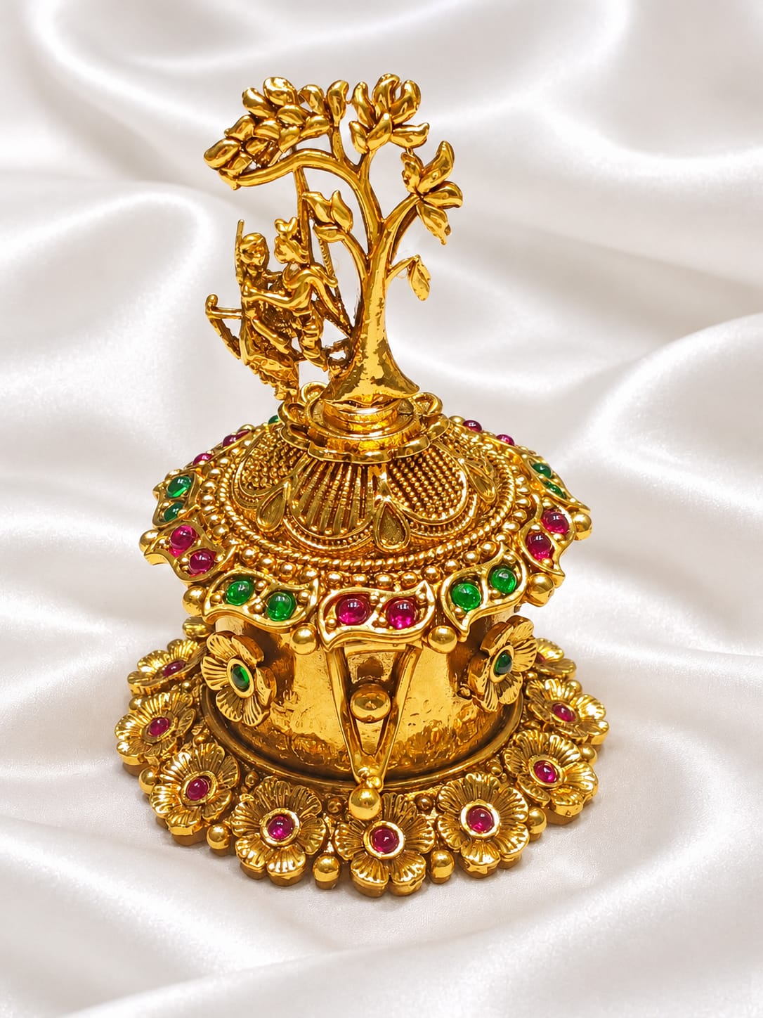 Exquisite Antique Gold Plated Radha Krishna Jhula Kumkum Box / Sindoor Dabba with Kemp Stones