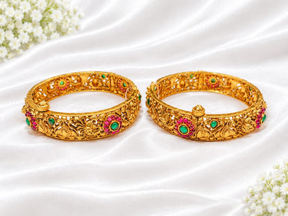 Antique Gold Plated Peacock & Floral Openable Kada Bangles with Ruby & Emerald Kemp Stones (Pair)