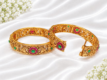 Antique Gold Plated Peacock & Floral Openable Kada Bangles with Ruby & Emerald Kemp Stones (Pair)