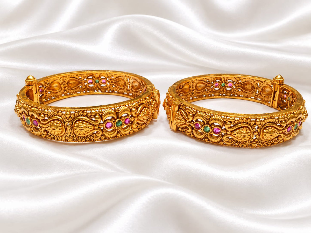 Traditional Antique Gold Plated Paisley & Floral Screw Openable Kada Bangles Set (Pair)