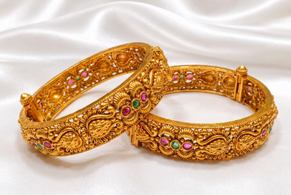 Traditional Antique Gold Plated Paisley & Floral Screw Openable Kada Bangles Set (Pair)
