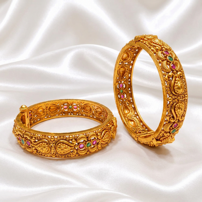Traditional Antique Gold Plated Paisley & Floral Screw Openable Kada Bangles Set (Pair)
