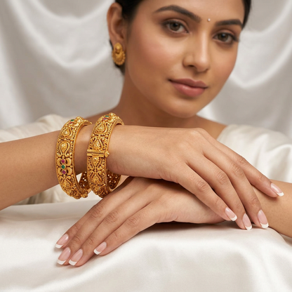 Traditional Antique Gold Plated Paisley & Floral Screw Openable Kada Bangles Set (Pair)