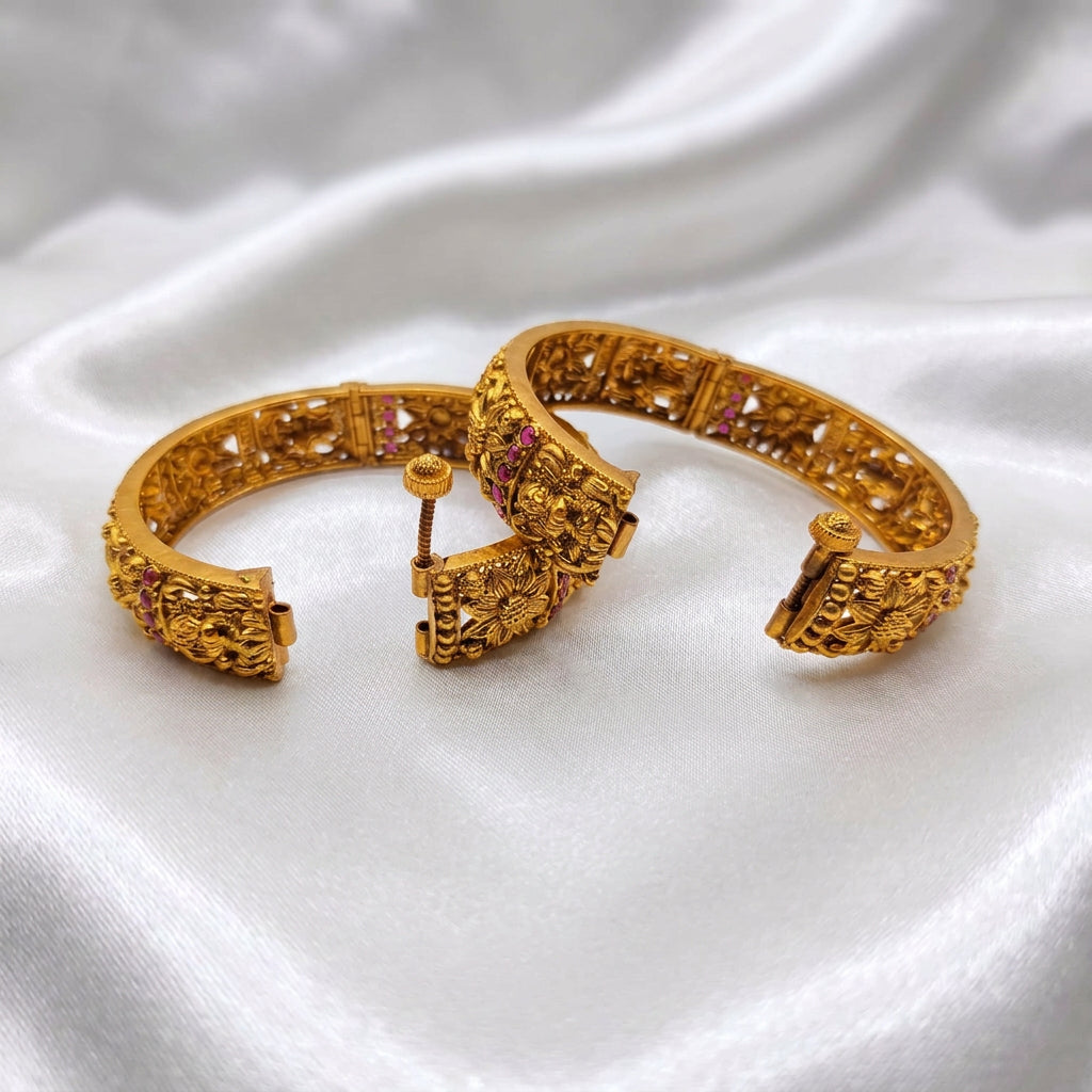 Antique Gold Plated Floral & Filigree Openable Kada Bangles with Ruby & Emerald Stones (Pair)