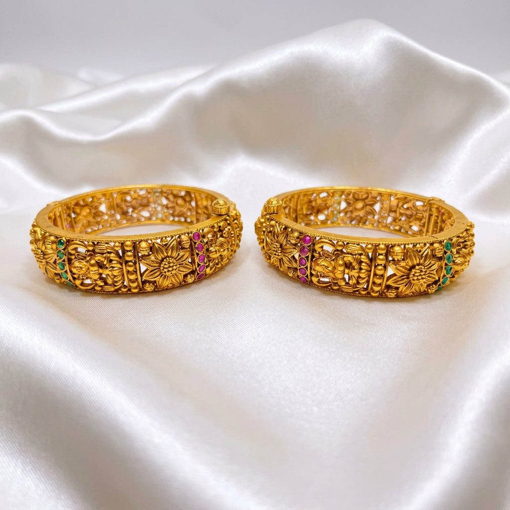 Antique Gold Plated Floral & Filigree Openable Kada Bangles with Ruby & Emerald Stones (Pair)