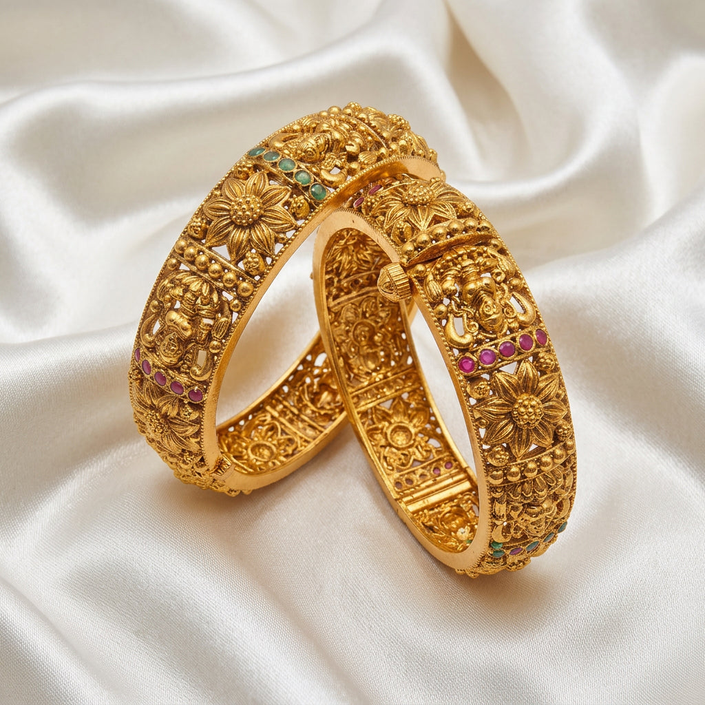 Antique Gold Plated Floral & Filigree Openable Kada Bangles with Ruby & Emerald Stones (Pair)