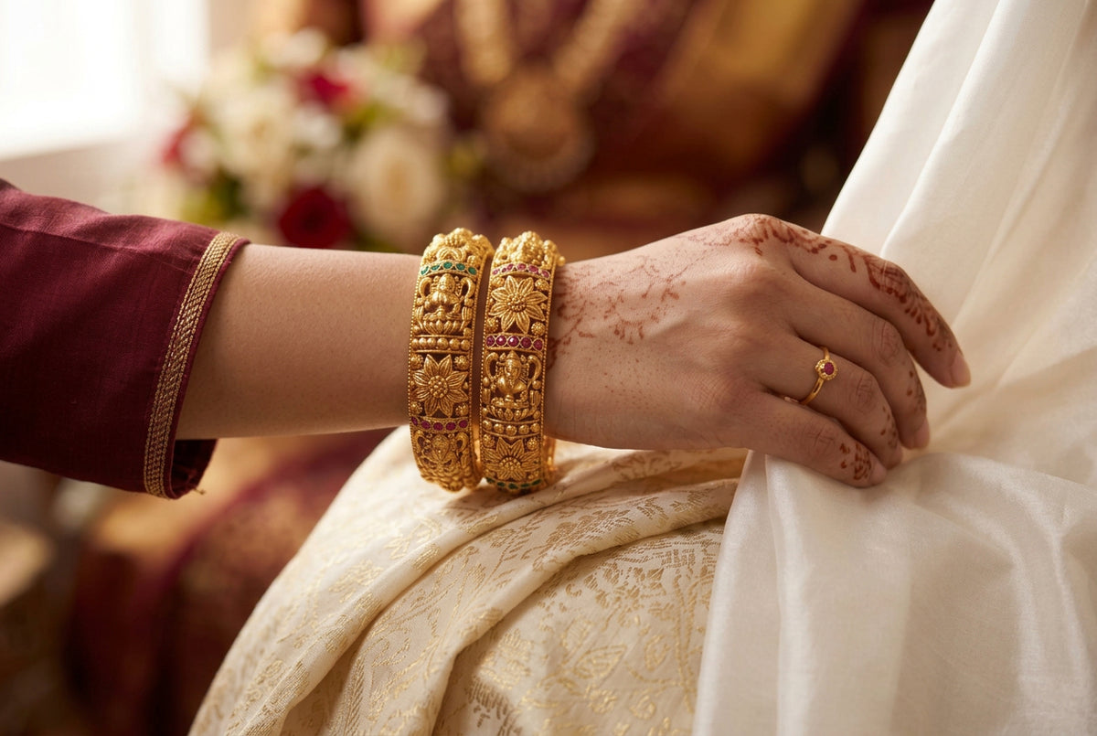 Antique Gold Plated Floral & Filigree Openable Kada Bangles with Ruby & Emerald Stones (Pair)