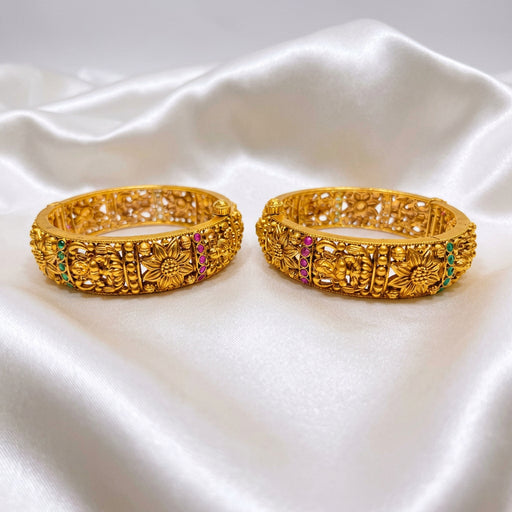 Antique Gold Plated Floral & Filigree Openable Kada Bangles with Ruby & Emerald Stones (Pair)
