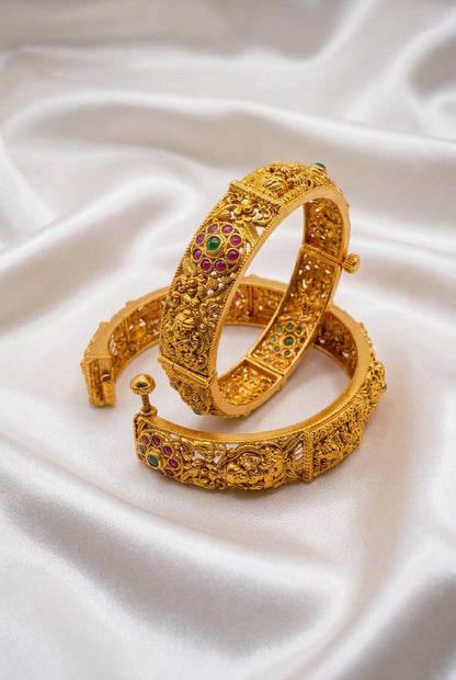 Antique Gold Plated Openable Temple Kada Bangles with Ruby &amp; Emerald Stones (Pair)