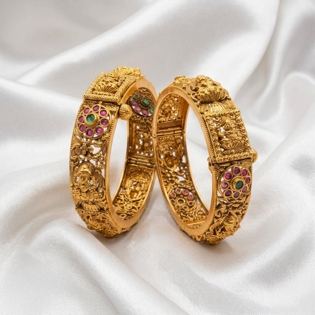 Antique Gold Plated Openable Temple Kada Bangles with Ruby &amp; Emerald Stones (Pair)