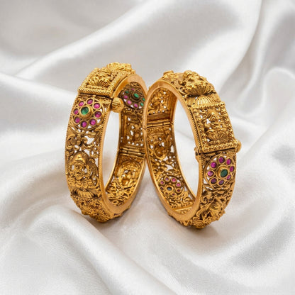 Antique Gold Plated Openable Temple Kada Bangles with Ruby &amp; Emerald Stones (Pair)