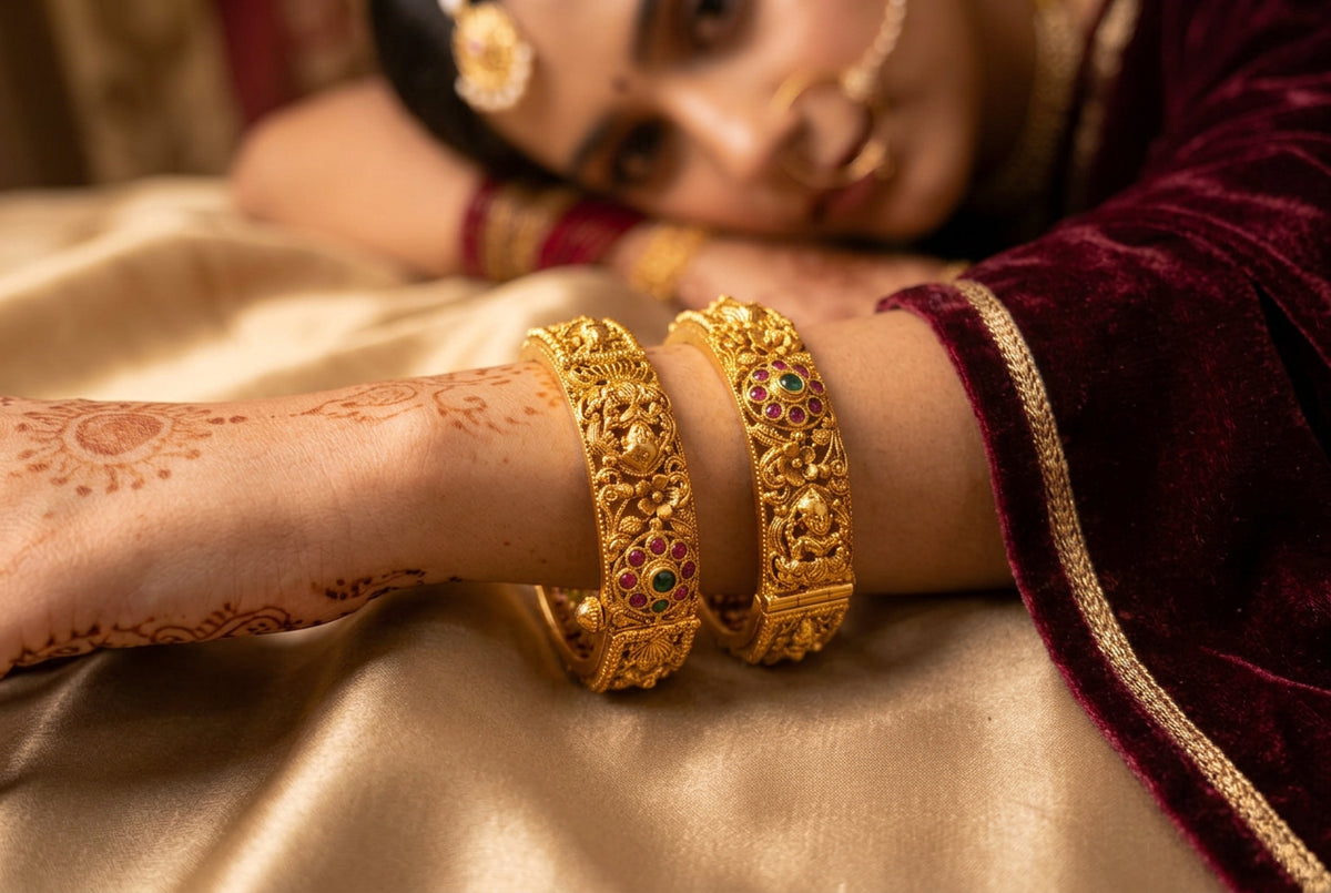 Antique Gold Plated Openable Temple Kada Bangles with Ruby &amp; Emerald Stones (Pair)