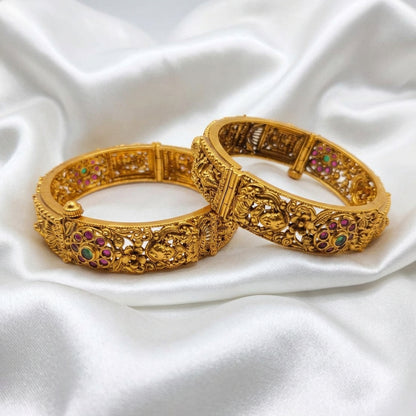 Antique Gold Plated Openable Temple Kada Bangles with Ruby &amp; Emerald Stones (Pair)