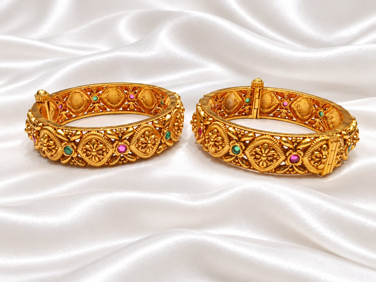 Traditional Antique Gold Plated Geometric Floral Screw Openable Kada Bangles Set (Pair)
