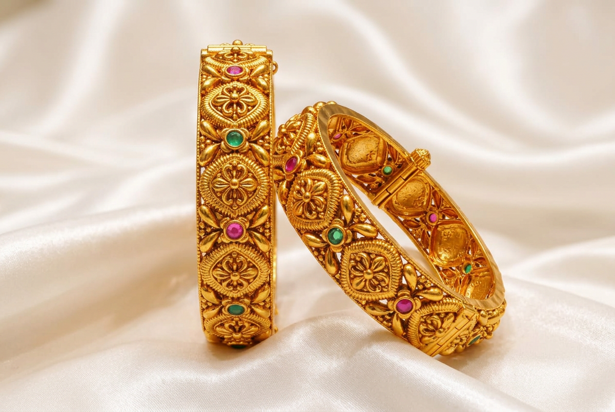 Traditional Antique Gold Plated Geometric Floral Screw Openable Kada Bangles Set (Pair)