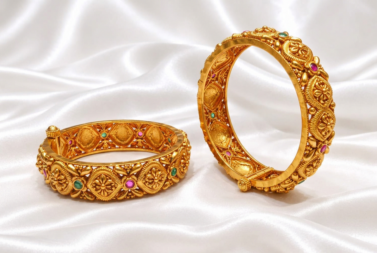 Traditional Antique Gold Plated Geometric Floral Screw Openable Kada Bangles Set (Pair)