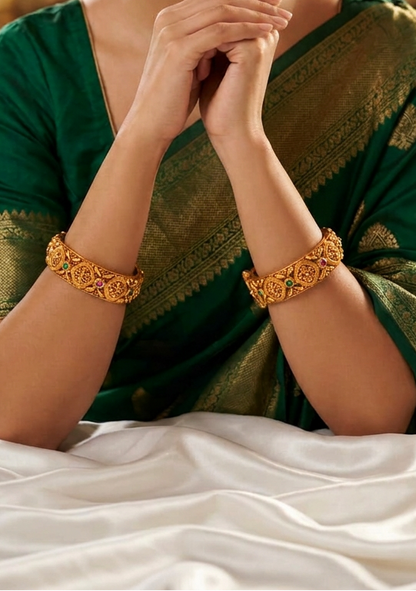 Traditional Antique Gold Plated Geometric Floral Screw Openable Kada Bangles Set (Pair)