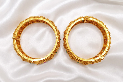 Traditional Antique Gold Plated Geometric Floral Screw Openable Kada Bangles Set (Pair)