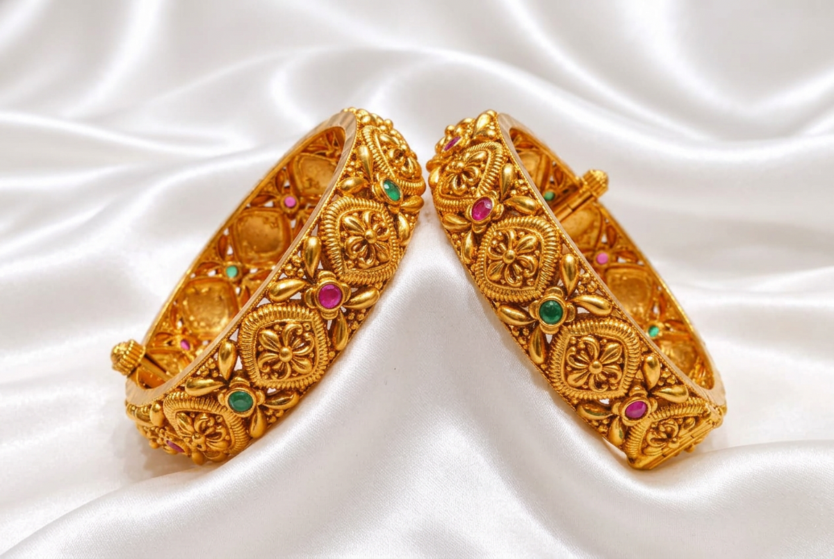 Traditional Antique Gold Plated Geometric Floral Screw Openable Kada Bangles Set (Pair)