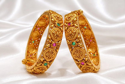 Traditional Antique Gold Plated Geometric Floral Screw Openable Kada Bangles Set (Pair)