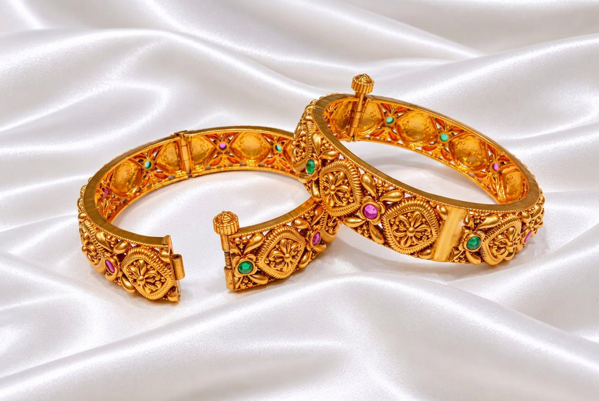 Traditional Antique Gold Plated Geometric Floral Screw Openable Kada Bangles Set (Pair)