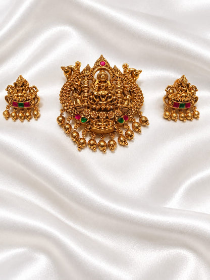 Antique Gold Plated Goddess Lakshmi Temple Pendant Set with Peacocks, Ruby & Emerald Stones
