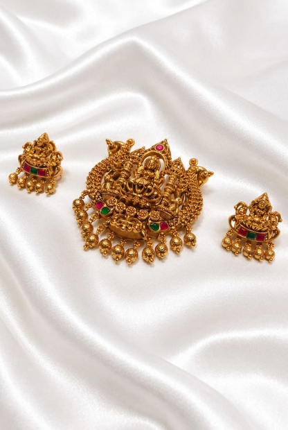 Antique Gold Plated Goddess Lakshmi Temple Pendant Set with Peacocks, Ruby & Emerald Stones