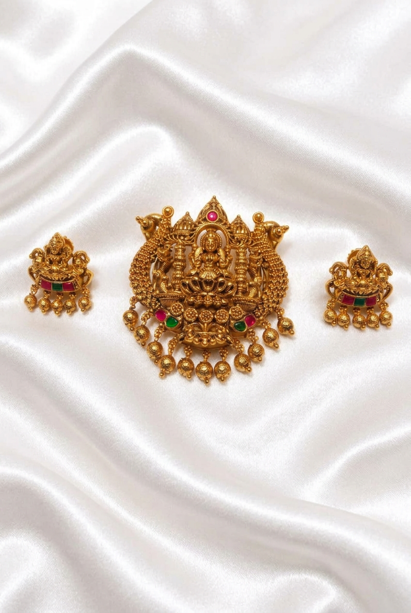Antique Gold Plated Goddess Lakshmi Temple Pendant Set with Peacocks, Ruby & Emerald Stones