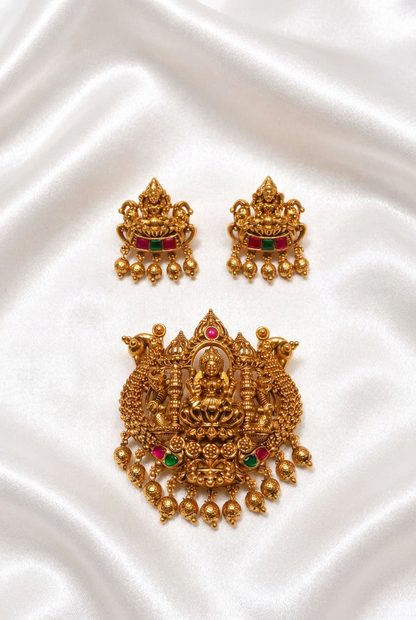 Antique Gold Plated Goddess Lakshmi Temple Pendant Set with Peacocks, Ruby & Emerald Stones