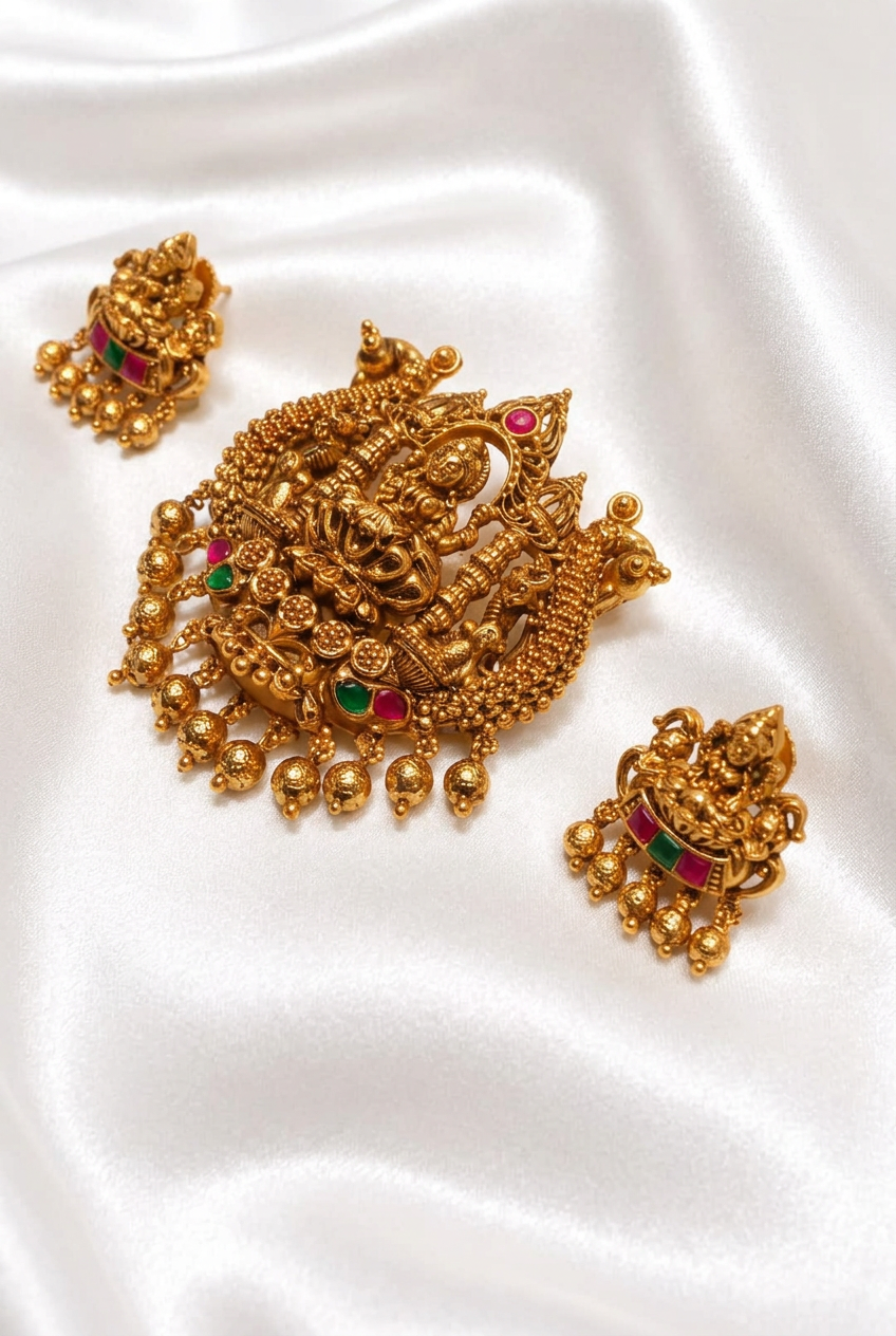 Antique Gold Plated Goddess Lakshmi Temple Pendant Set with Peacocks, Ruby & Emerald Stones