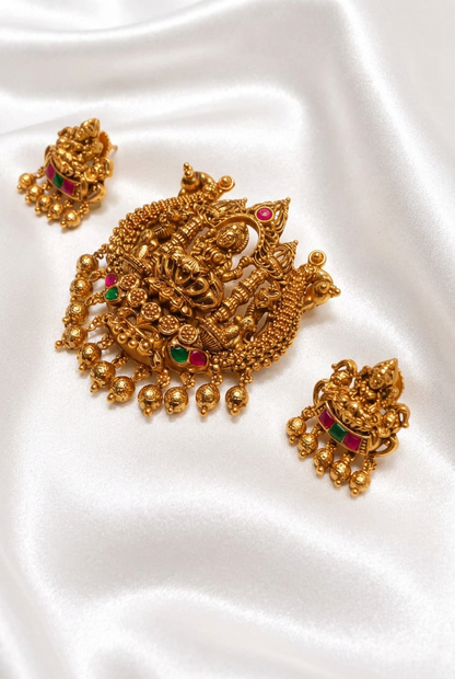 Antique Gold Plated Goddess Lakshmi Temple Pendant Set with Peacocks, Ruby & Emerald Stones