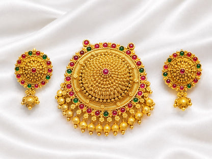 Traditional Antique Gold Plated Floral Mandala Kemp Stone Pendant Set with Matching Earrings