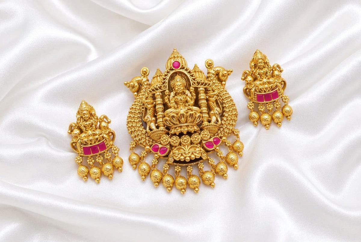 Divine Antique Gold Plated Goddess Lakshmi Temple Pendant Set with Matching Earrings