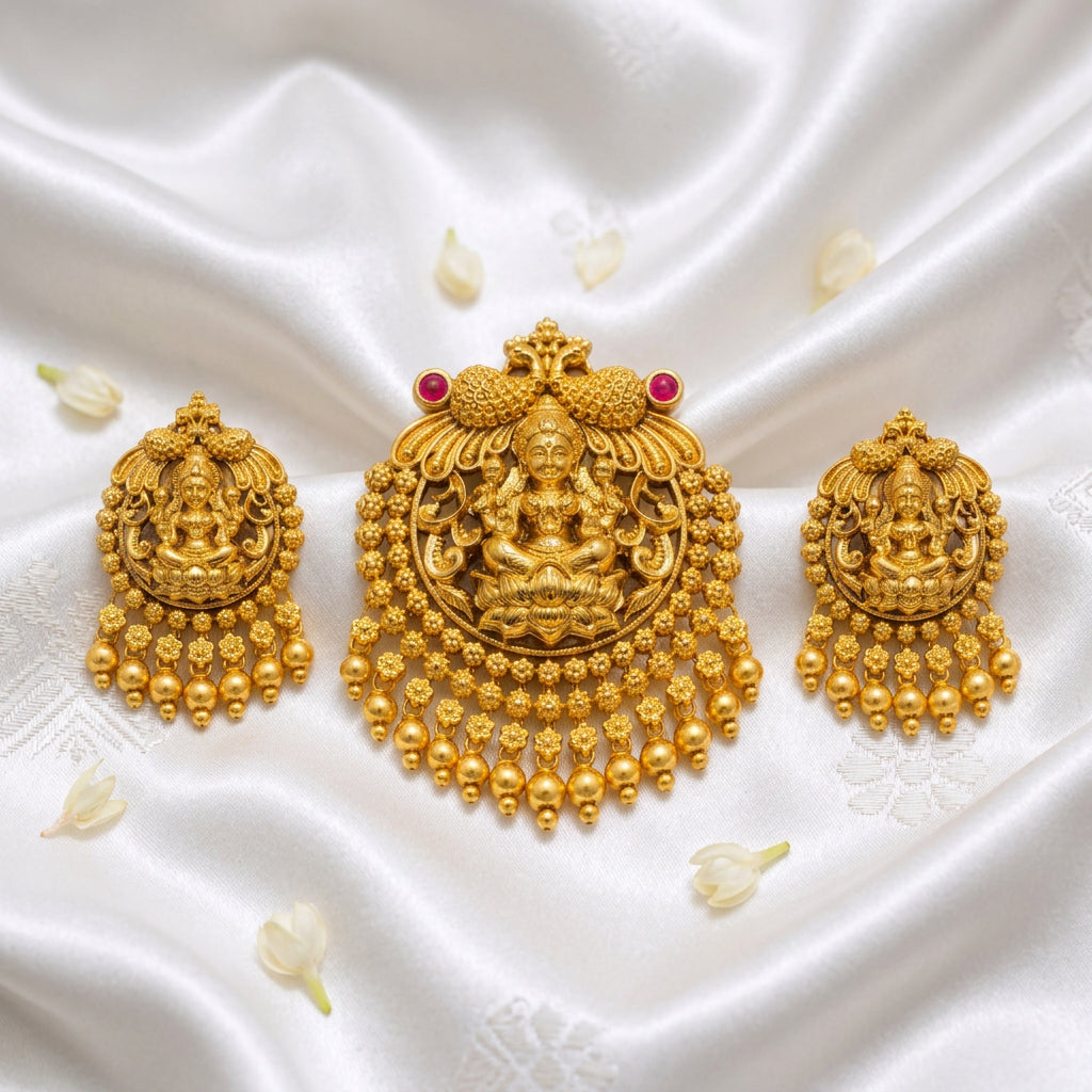Antique Gold Lakshmi Pendant Set with Matching Earrings – Pink & Green Stone Temple Jewellery
