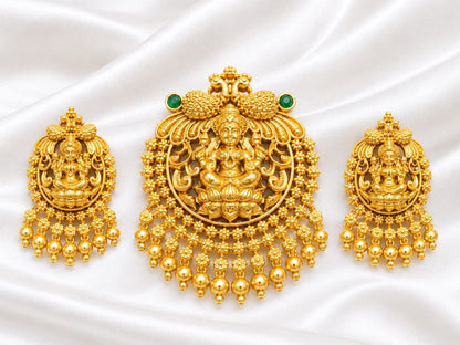 Antique Gold Lakshmi Pendant Set with Matching Earrings – Pink & Green Stone Temple Jewellery