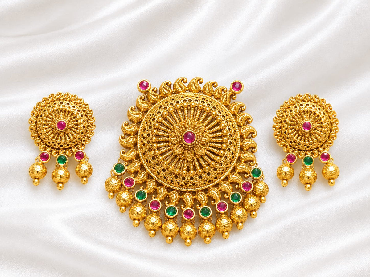 Antique Gold Finish Temple Pendant Set with Ruby and Emerald Stones
