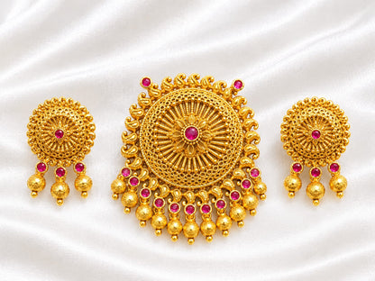Antique Gold Finish Temple Pendant Set with Ruby and Emerald Stones