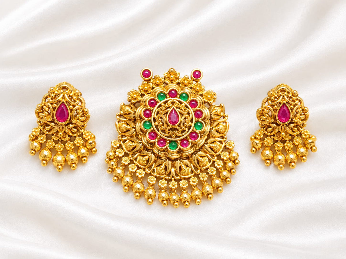 Traditional 22k Gold-Plated Ruby & Emerald Kemp Stone Pendant Set with Earrings