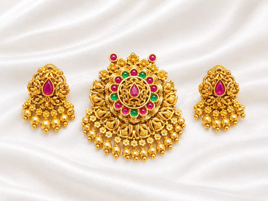 Traditional 22k Gold-Plated Ruby & Emerald Kemp Stone Pendant Set with Earrings