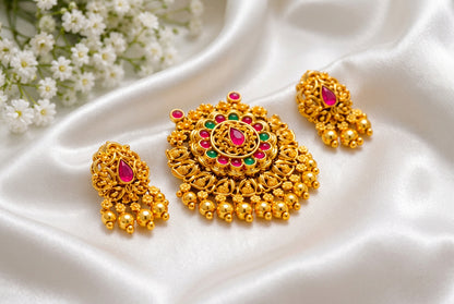 Traditional 22k Gold-Plated Ruby & Emerald Kemp Stone Pendant Set with Earrings