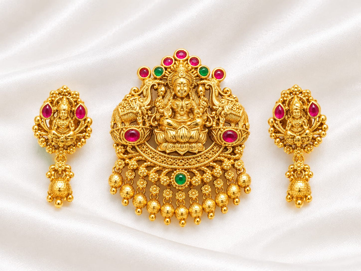 Gold Plated Goddess Lakshmi Pendant & Earring Set with Kemp Stones | Temple Jewellery Set