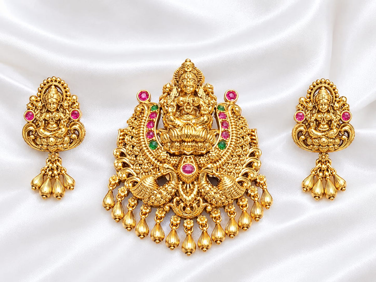 Traditional Gold Plated Lakshmi Temple Necklace Pendant Set with Pink and Green Stones