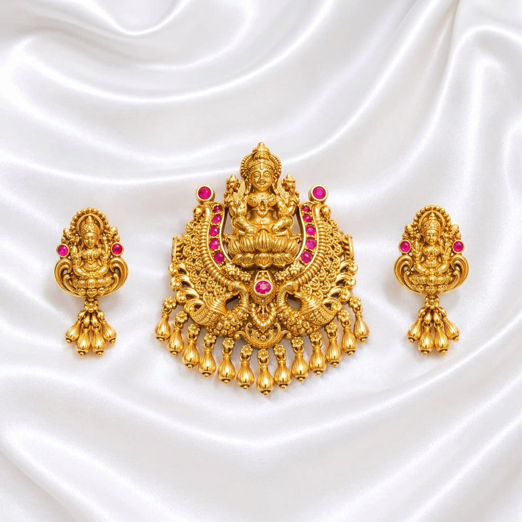 Traditional Gold Plated Lakshmi Temple Necklace Pendant Set with Pink and Green Stones