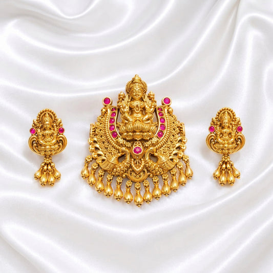 Traditional Gold Plated Lakshmi Temple Necklace Pendant Set with Pink and Green Stones
