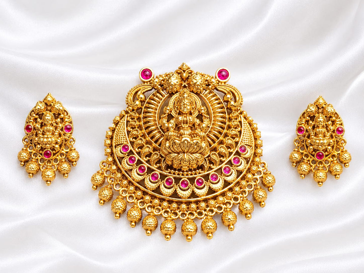 Traditional Antique Gold Lakshmi Pendant Set with Ruby Pink Stones – Temple Jewellery