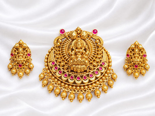 Traditional Antique Gold Lakshmi Pendant Set with Ruby Pink Stones – Temple Jewellery